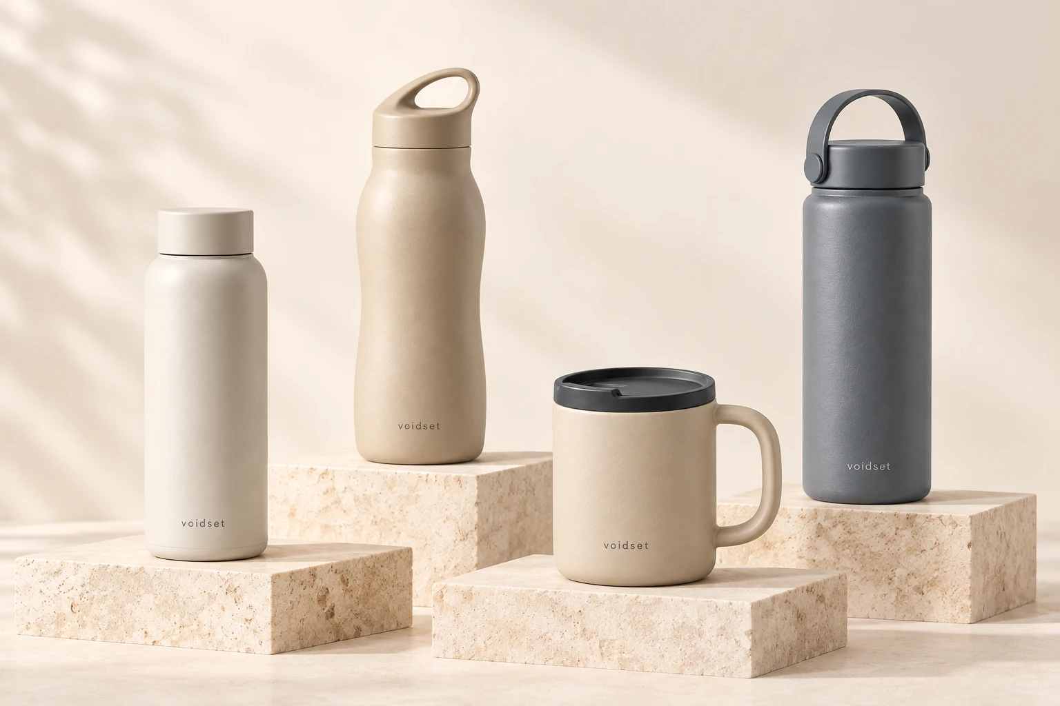 The four voidset drinkware silhouettes in a warm studio setting