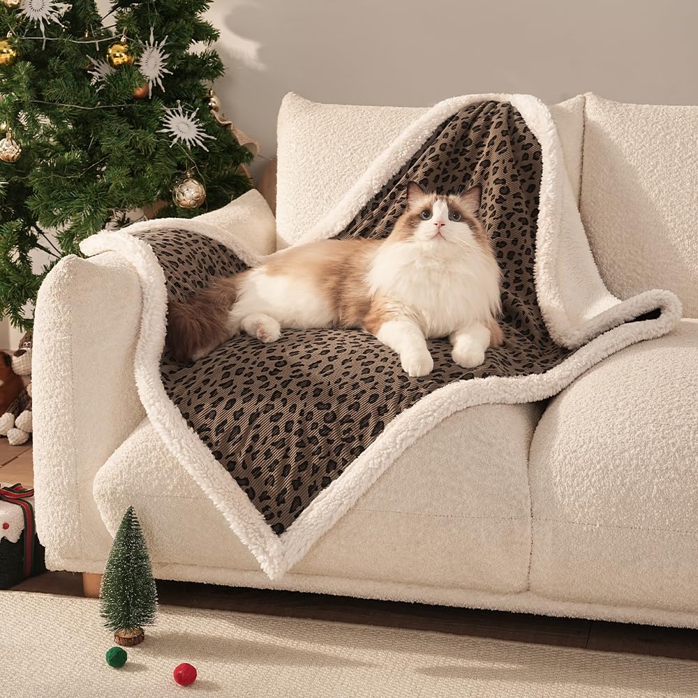 Cat Blankets for Indoor Cats Super Soft Plush Faux Fur Kitten Blankets Machine Washable Reversible Pet Throw Protector for Couch Furniture Leopard Print Blanket 28"X 22" in Brown